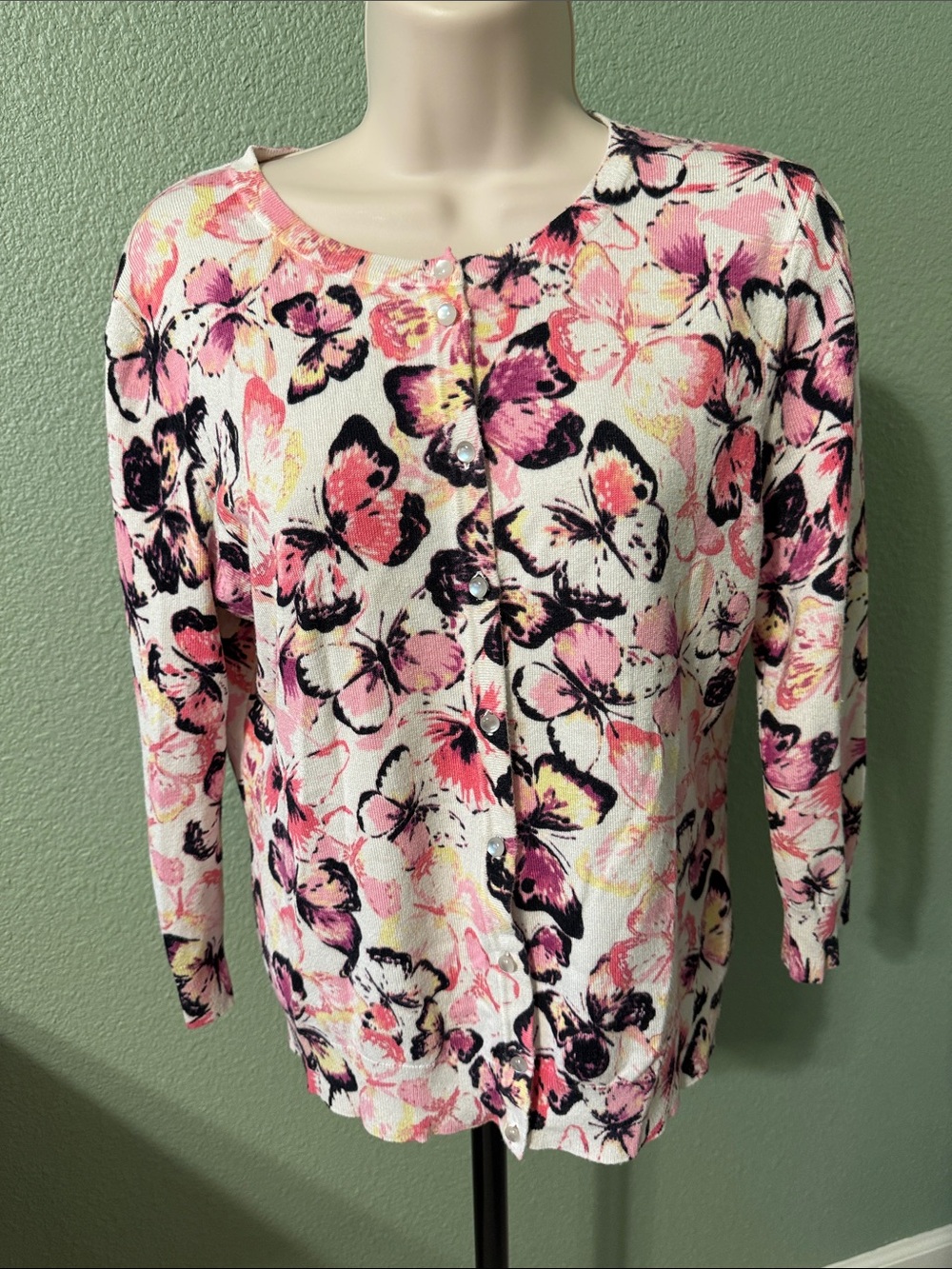 Cable & Gauge Pink, White & Black Floral Butterfly Cardigan